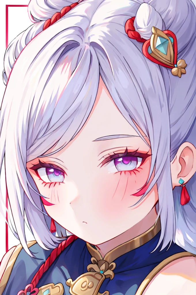 ((best quality)), ((masterpiece)), (detailed), perfect face, barbarian markings, short white hair ponytail bun, blue eyes magenta eyes, hair bangs covering eye, half closed eyes, hair over one eye
