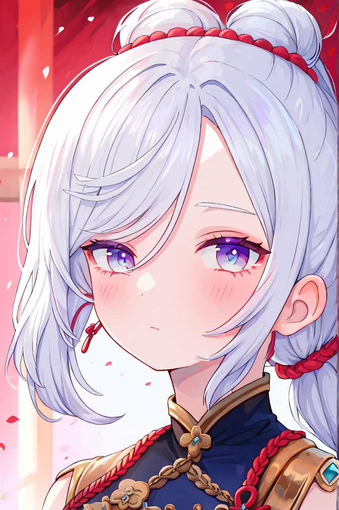 ((best quality)), ((masterpiece)), (detailed), perfect face, barbarian markings, short white hair ponytail bun, blue eyes magenta eyes, hair bangs covering eye, half closed eyes, hair over one eye
