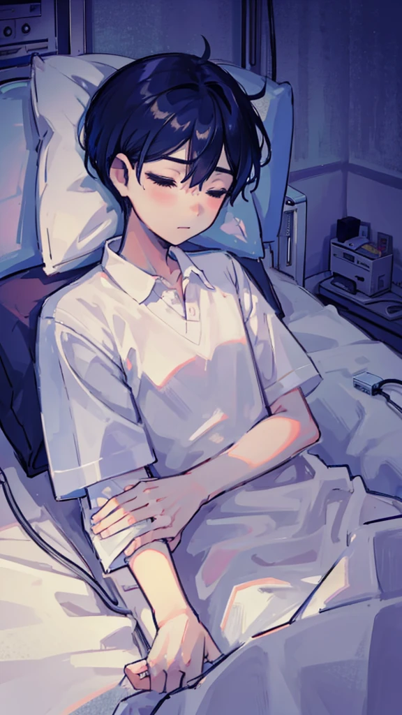 1 boy, lying down, in a coma, sleeping, hospital clothes, medical equipment, hospital bed, hospital room, body with blood.