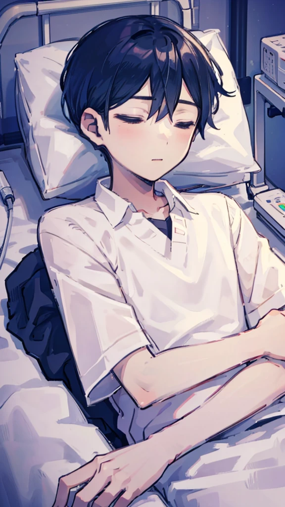 1 boy, lying down, in a coma, sleeping, hospital clothes, medical equipment, hospital bed, hospital room, body with blood.