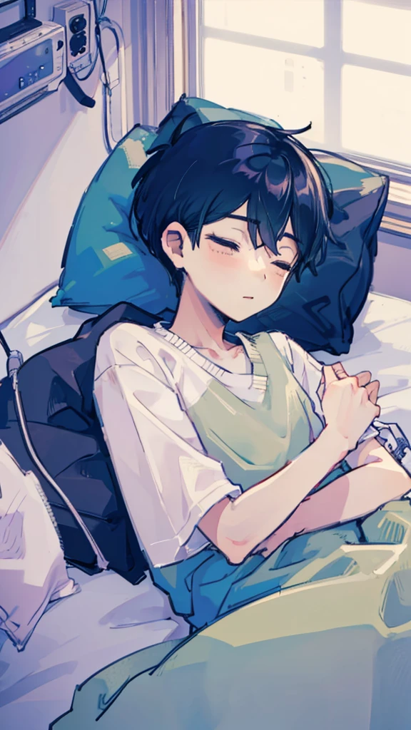 1 boy, lying down, in a coma, sleeping, hospital clothes, medical equipment, hospital bed, hospital room, body with blood.