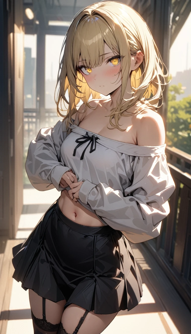 a handsome girl, solo, blond hair, yellow eyes, bright eyes, bangs, open jacket, blouse, navel, BREAK (white off-shoulder hoodie, black skirt:1.5), black garter belt, expressionless, blurry background, perfect lighting, masterpiece, best quality, extremely detailed face, extremely detailed,