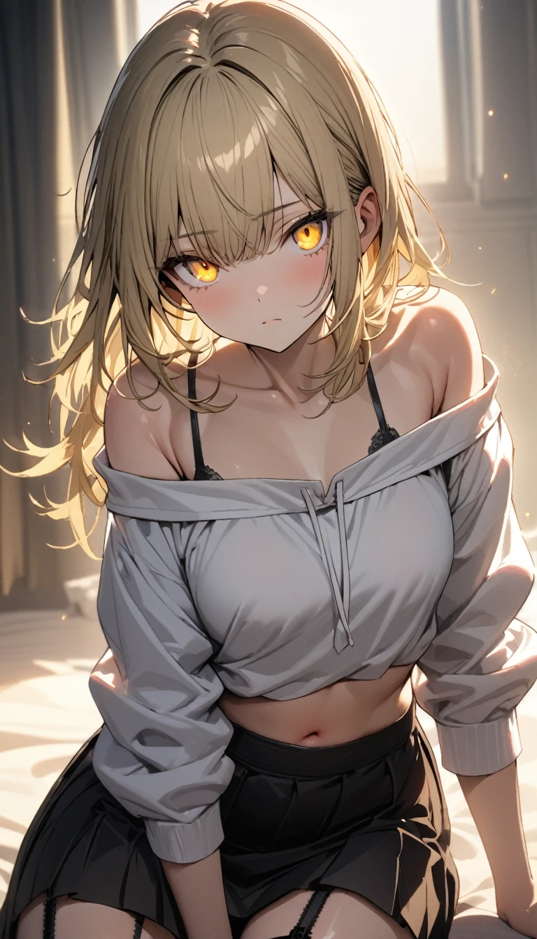 a handsome girl, solo, blond hair, yellow eyes, bright eyes, bangs, open jacket, blouse, navel, BREAK (white off-shoulder hoodie, black skirt:1.5), black garter belt, expressionless, blurry background, perfect lighting, masterpiece, best quality, extremely detailed face, extremely detailed,
