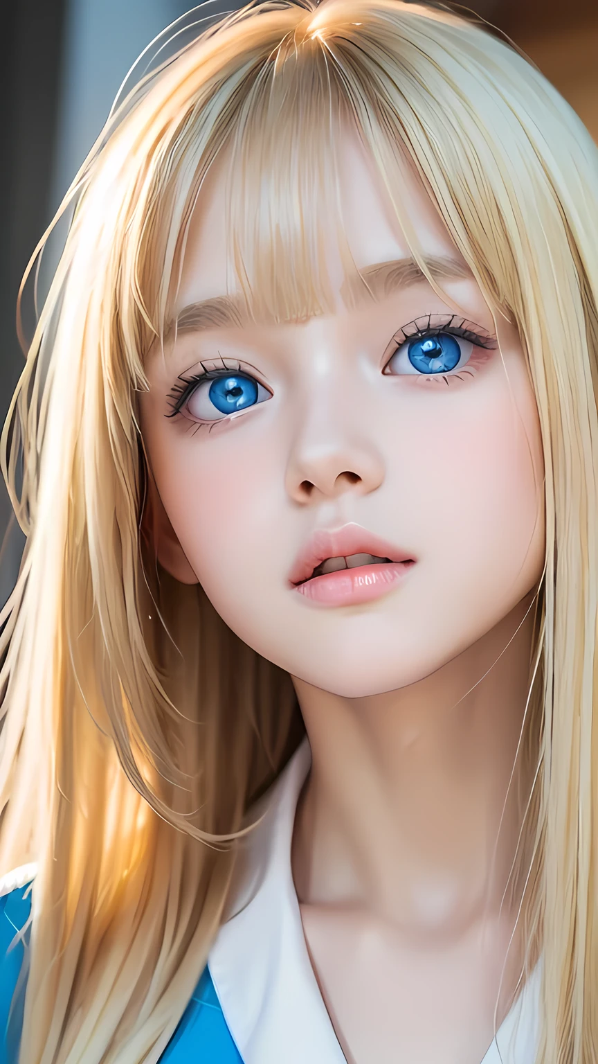 Beautiful blonde cute girl 15 years old、Sexy and very beautiful cute face、Big, bright blue eyes that sparkle beautifully、Very long, dazzling, beautiful, blonde, silky, shiny hair、Bangs that hang down in the face、uniform、Small Face Beauty、Glowing Skin、Cheek highlighter、White skin、Radiant Skin、Round face
