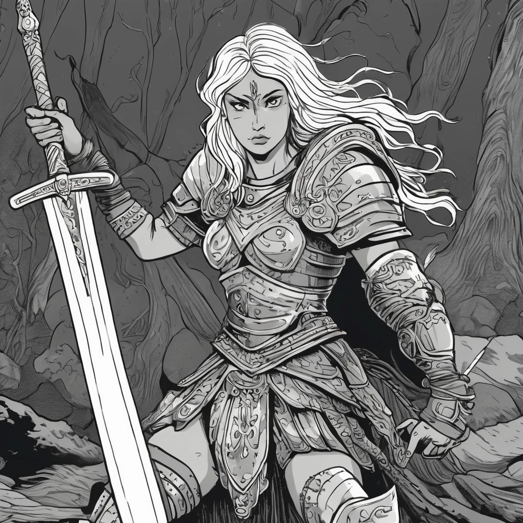a black and white book illustration of a warrior woman in armor with a greatsword trailing blood