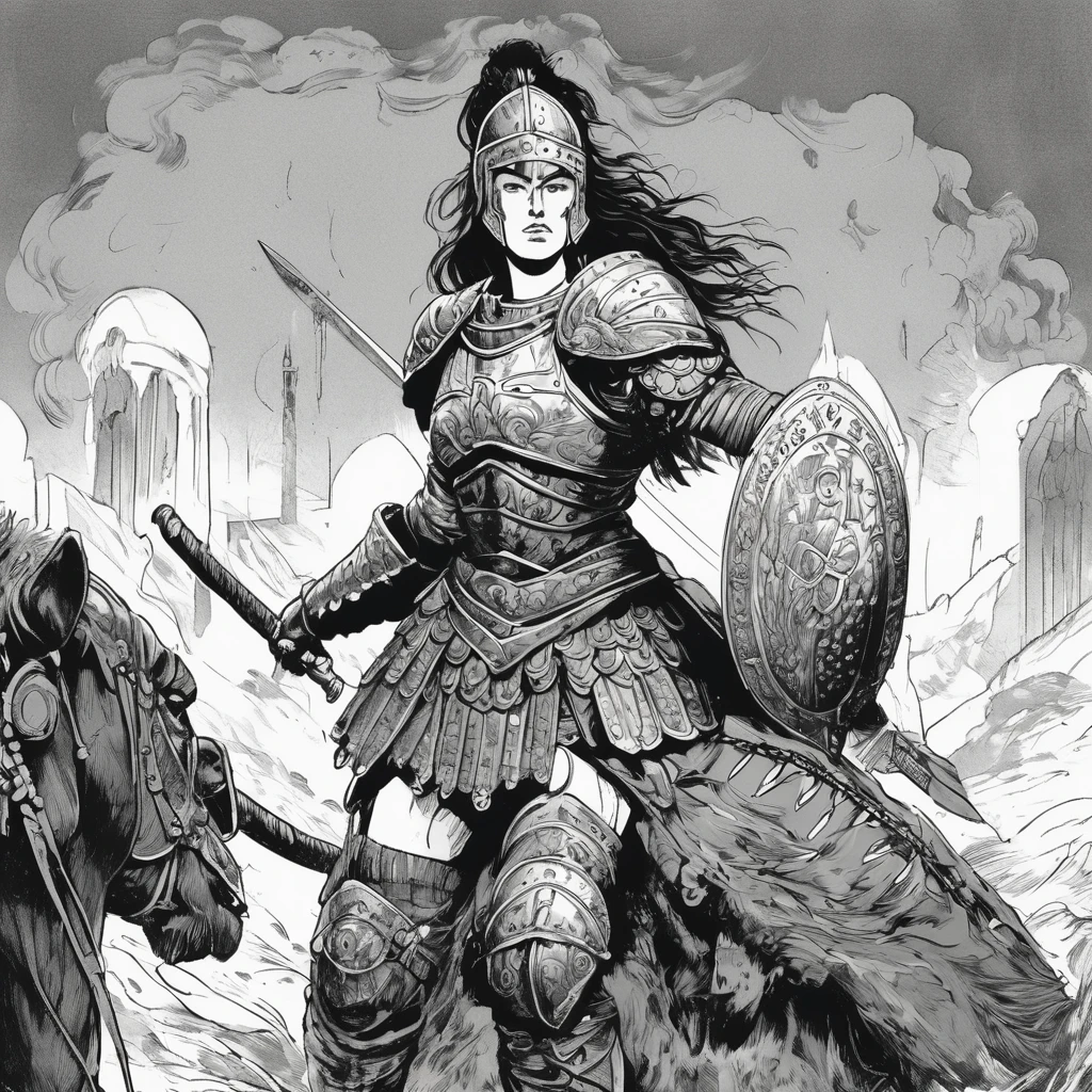 a black and white book illustration of a warrior woman in armor with a greatsword trailing blood