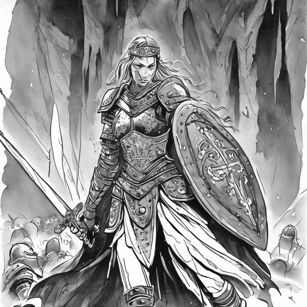 a black and white book illustration of a warrior woman in armor with a greatsword trailing blood