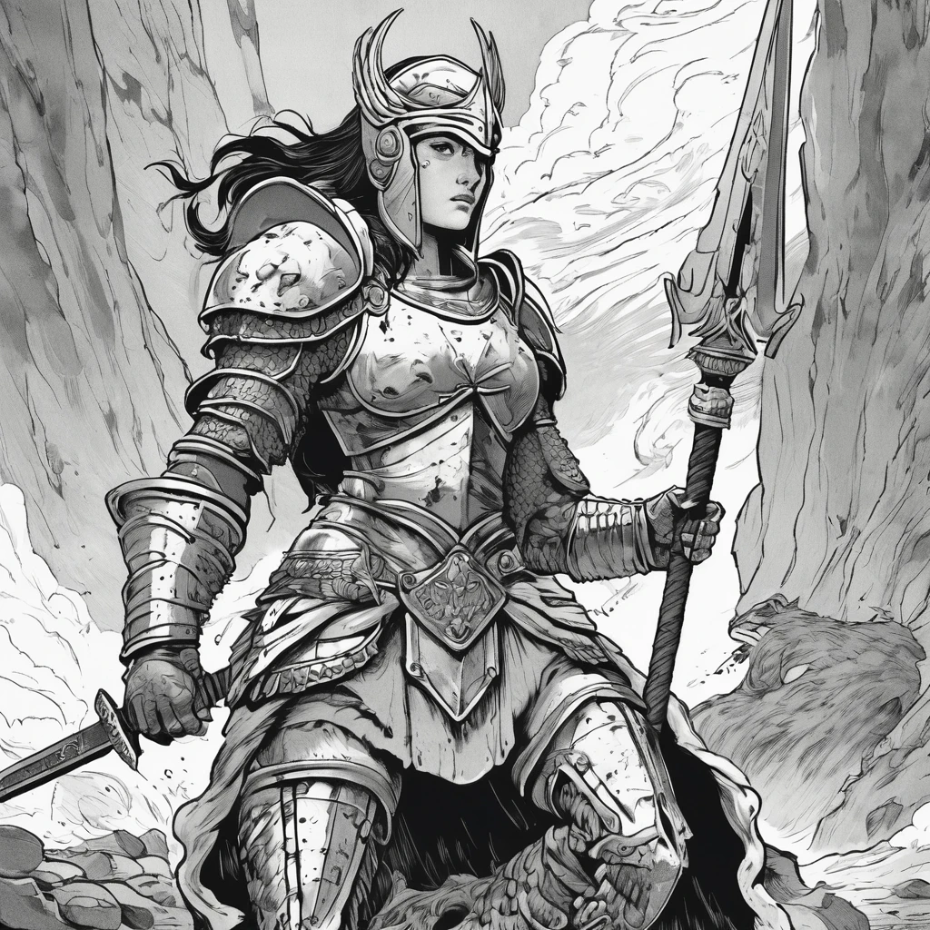 a black and white book illustration of a warrior woman in armor with a greatsword trailing blood