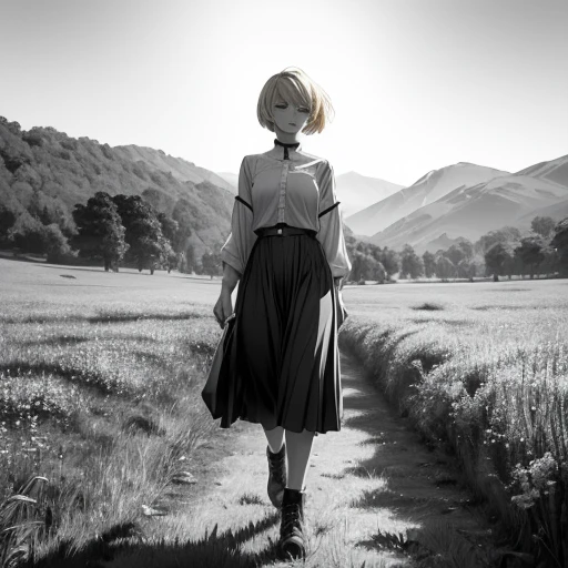 ((20 year old woman,blonde short hair bob,She walks through a meadow in a monochrome world.)),inside the monochrome world,monochrome meadow,There are monsters in the meadows,Difficult atmosphere,