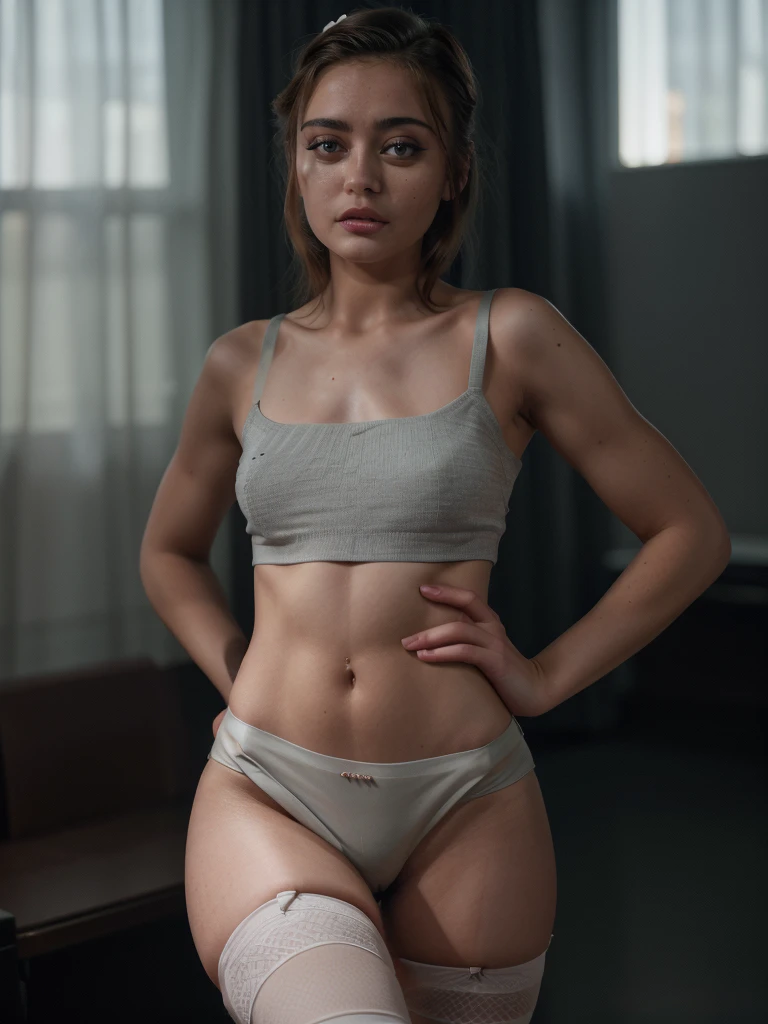 a sexy female nurse in a skimpy outfit, beautiful detailed eyes,beautiful detailed lips,extremely detailed eyes and face,longeyelashes,1girl,revealing outfit,short skirt,stockings,high heels,medical uniform,nurse outfit,medical supplies,hospital setting,detailed facial features,alluring expression,seductive pose,best quality,8k,highres,masterpiece:1.2,ultra-detailed,photorealistic:1.37,cinematic lighting,vibrant colors,dramatic chiaroscuro,dark and sensual atmosphere