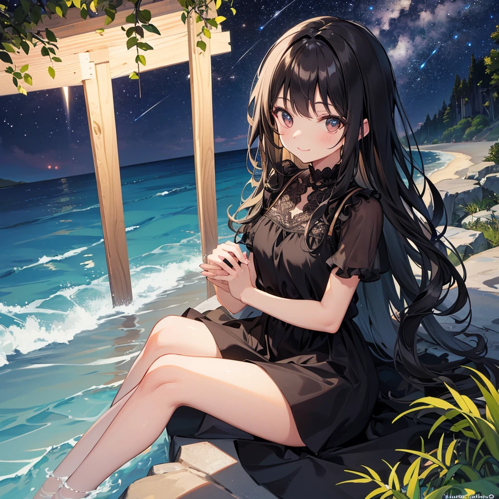 Girl with tan skin and dark hair thats wavy  sitting down  under the stars smiling with a black dress on 