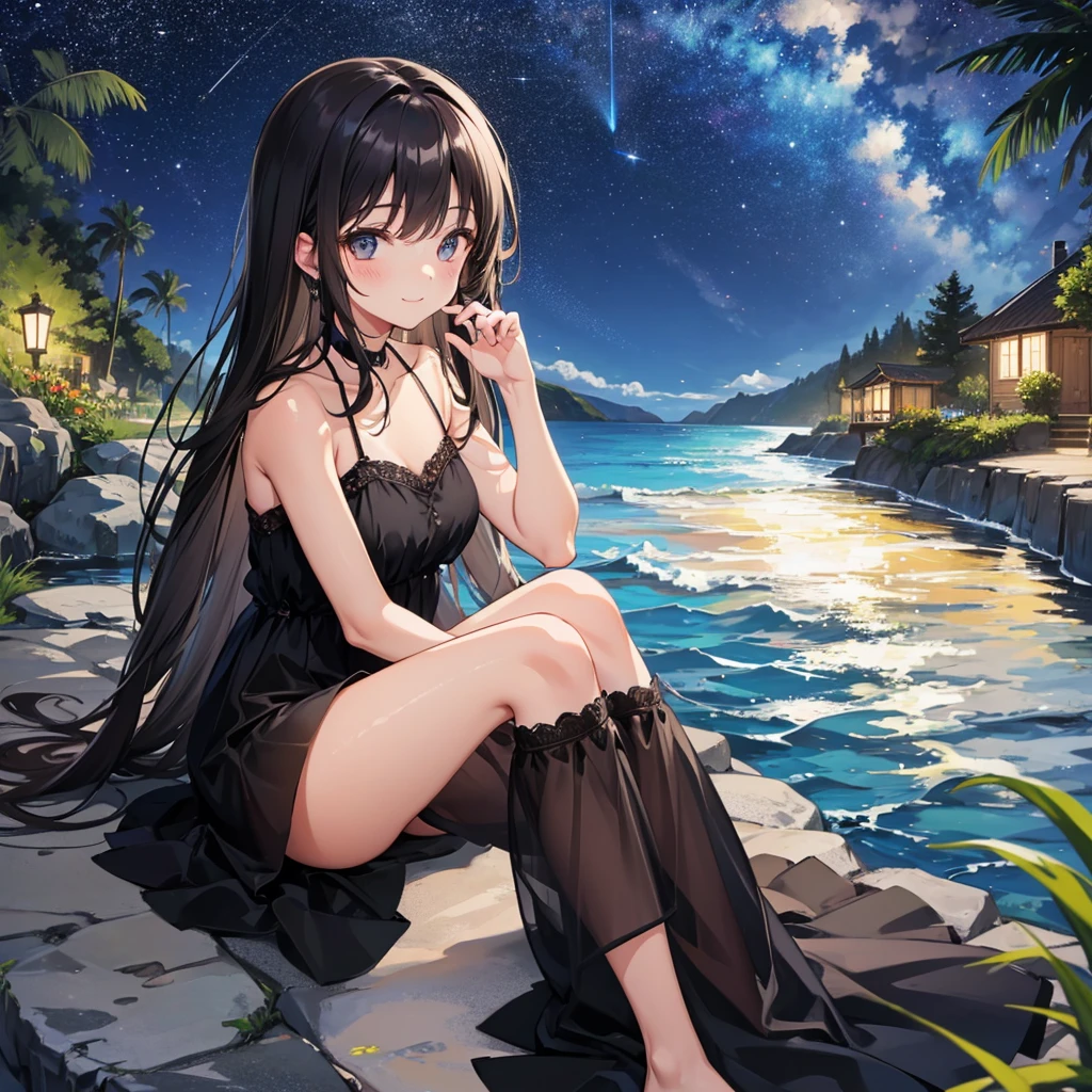 Girl with tan skin and dark hair thats wavy sitting down under the stars smiling with a black dress on