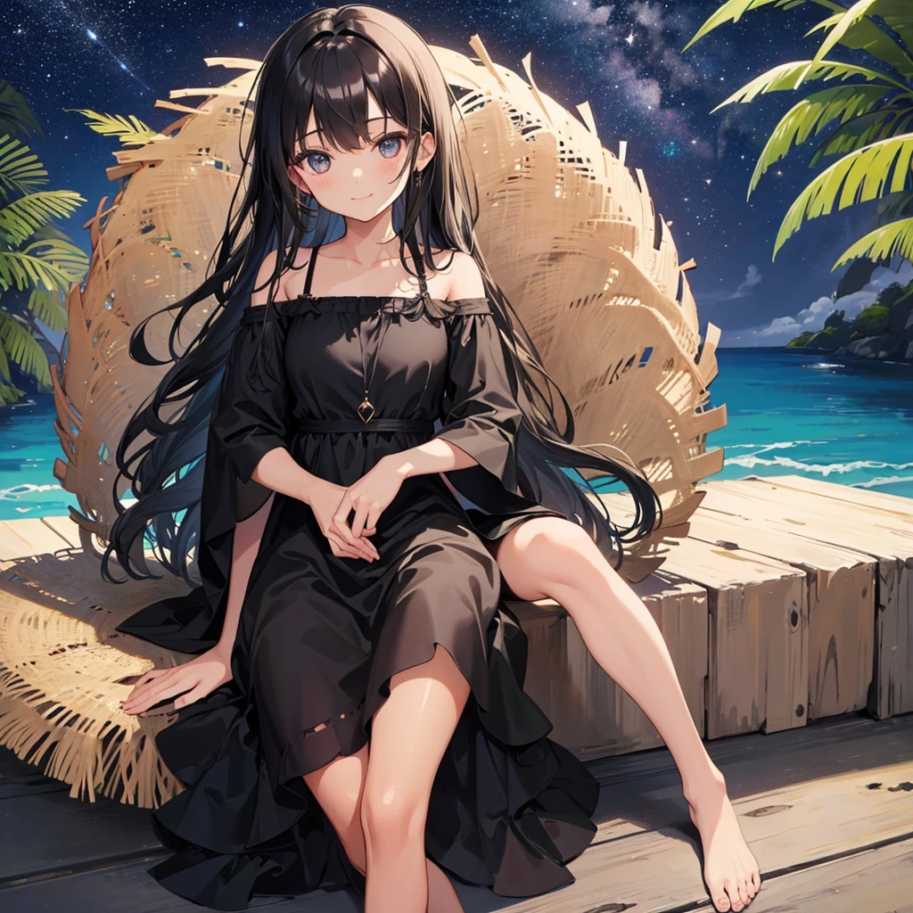 Girl with tan skin and dark hair thats wavy  sitting down  under the stars smiling with a black dress on 