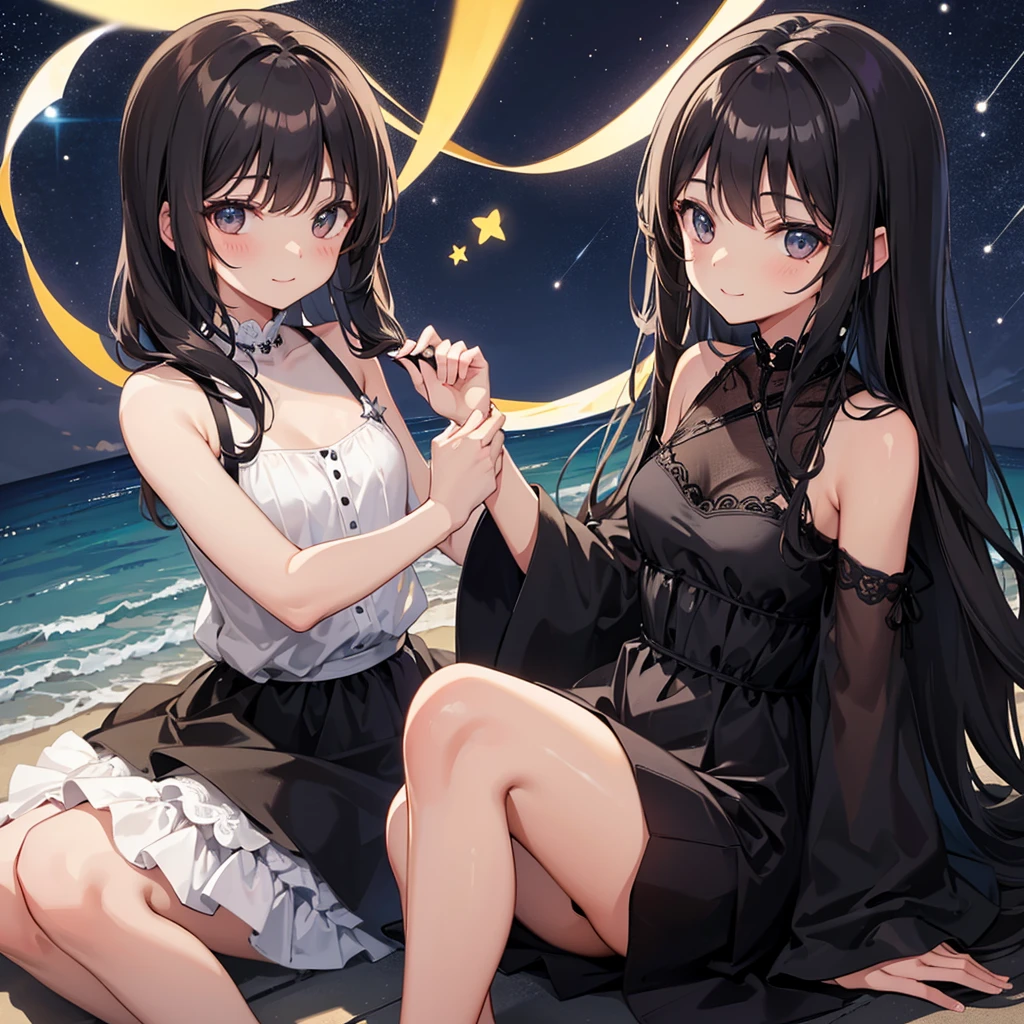 Girl with tan skin and dark hair thats wavy sitting down under the stars smiling with a black dress on