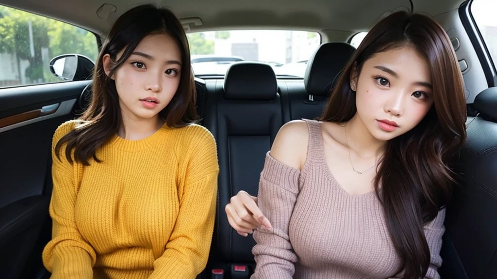 Indonesian girl 19-year-old Hairstyle Casual, F Cup Breasts wearing crewneck dress in car amd driving the car with her friend, they are scared because there are thugs who want to do carjacking and they in car increasingly scared