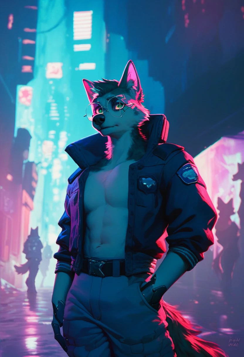 A cyberpunk-style anthropomorphic black wolf police officer, wearing red round glasses and cyberpunk-inspired clothing, standing in a cyberpunk city alley (like Night City) engaged in a shootout. The character should be fully in frame.