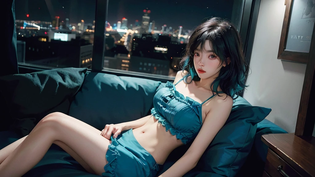 ((High quality, 8k, perfect quality)), beautiful, perfect face, gazing out the window, nighttime, (dark room), Before sleeping, restless, short nightgown, staring at the window, city night view, crop top, hair color black and cyan