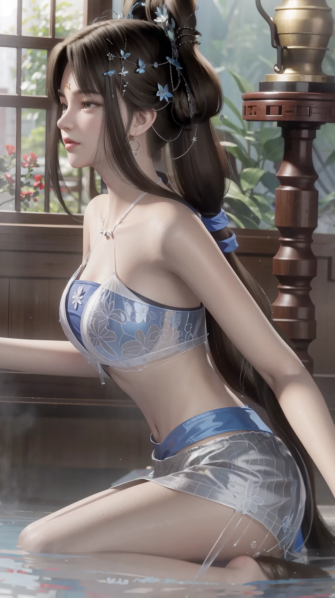 masterpiece, best quality, tthl, 1 Girl, ************, Solitary, Long hair:1.2, Large Breasts, Bangs, Hair accessories, Double ponytails, skirt, Bare shoulders, Jewelry, Brown hair, Alternative clothing, white skirt, bracelet, ear rings, 长skirt, 蕾丝skirt, bracelet, High heel, 系带High heel, 细High heel, Charming smile,Cross your legs, Sitting in the bathtub, indoors, From below，White Camisole