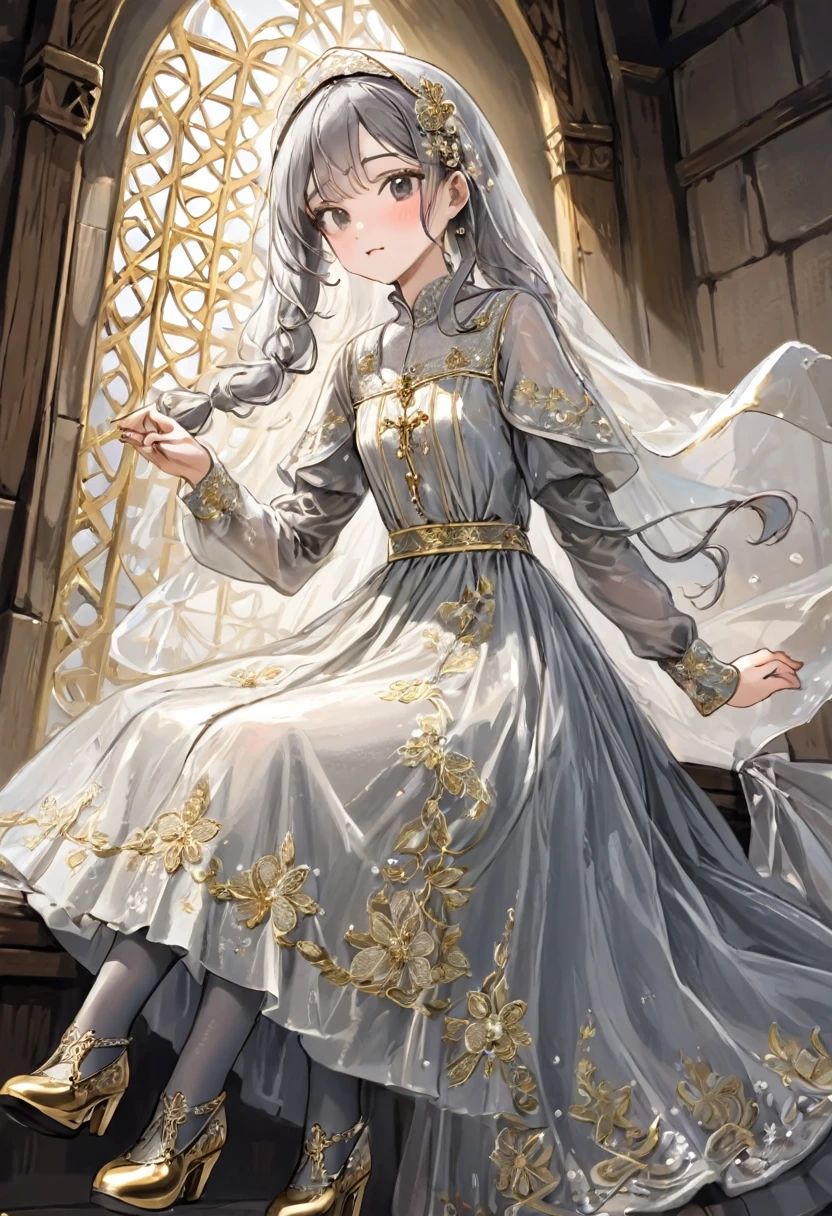 girl, Gold and silver embroidery, White-gray pearl medieval long dress（With panniers）, Translucent fabric, Pull up the dress by hand, Strong winds, Translucent slip, Grey translucent tights, Peeking from below, Highest quality, Disorder of clothing, sit