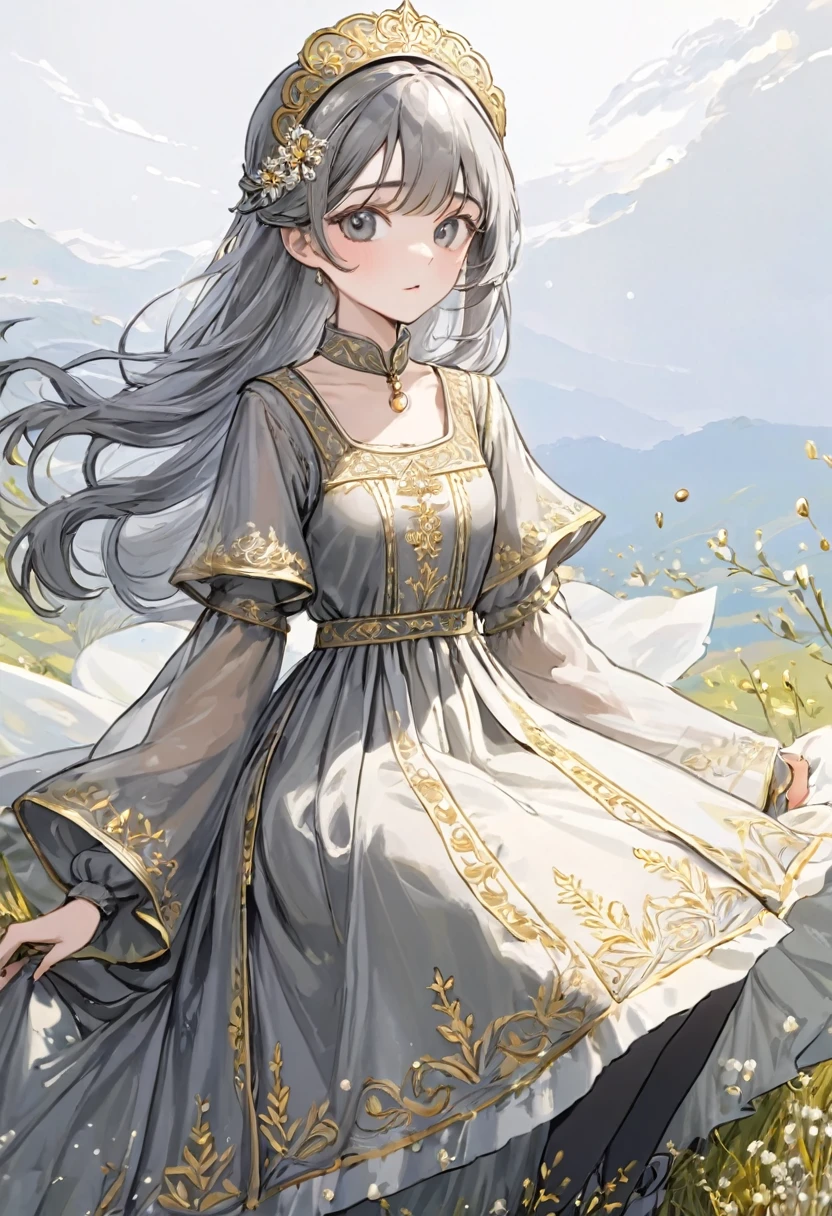 girl, Gold and silver embroidery, White-gray pearl medieval long dress（With panniers）, Translucent fabric, Pull up the dress by hand, Strong winds, Translucent slip, Grey translucent tights, Peeking from below, Highest quality, Disorder of clothing, sit