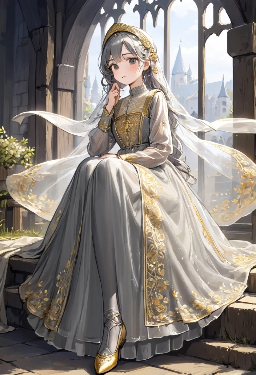 girl, Gold and silver embroidery, White-gray pearl medieval long dress（With panniers）, Translucent fabric, Pull up the dress by hand, Strong winds, Translucent slip, Grey translucent tights, Peeking from below, Highest quality, Disorder of clothing, sit