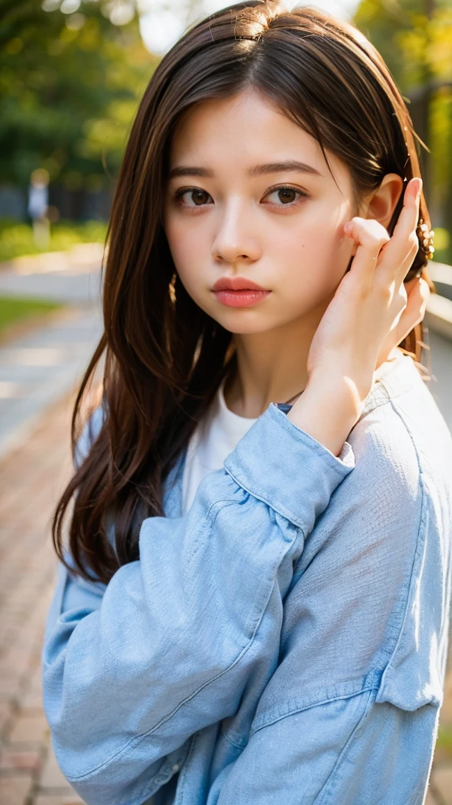 (masterpiece、Highest quality、Very detailed:1.42)、Female in her late s、Portraiture、Blurred cityscape at dusk、Silhouette of buildings and street lampedium length dark brown hair、natural wavy curls、The wind is blowing softly、Some hair falls to the side of the face、Skin is smooth、Healthy olive color、The tan lines are faintly visible、Natural redness on the cheeks、I have a few small laugh lines on my forehead、Eyes with dark brown irises、The pupil is shining, Reflects light、Long curled eyelashes、Highlights the eyes、Eyebrows are thin and trimmed、Natural Arch、Small nose、straight、straight nose、lips are plump、soft pink lip gloss、White silk blouse、The denim jacket is a little thin..、His sleeves are lightly rolled up、A simple silver bracelet on her right wrist、A small diamond earring sparkles in her left ear..、The expression is calm、have confidence、smile、(((Emphasize the contrast between light and shadow)))、Realistic textures and facial details、((((Detailed explanation))))