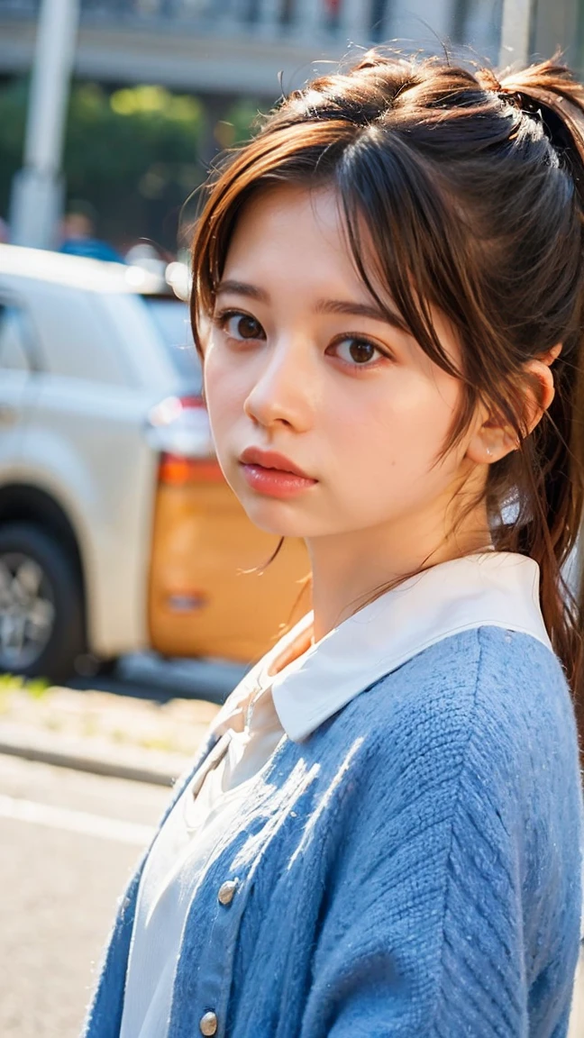(masterpiece、Highest quality、Very detailed:1.42)、Female in her late s、Portraiture、Blurred cityscape at dusk、Silhouette of buildings and street lampedium length dark brown hair、natural wavy curls、The wind is blowing softly、Some hair falls to the side of the face、Skin is smooth、Healthy olive color、The tan lines are faintly visible、Natural redness on the cheeks、I have a few small laugh lines on my forehead、Eyes with dark brown irises、The pupil is shining, Reflects light、Long curled eyelashes、Highlights the eyes、Eyebrows are thin and trimmed、Natural Arch、Small nose、straight、straight nose、lips are plump、soft pink lip gloss、White silk blouse、The denim jacket is a little thin..、His sleeves are lightly rolled up、A simple silver bracelet on her right wrist、A small diamond earring sparkles in her left ear..、The expression is calm、have confidence、smile、(((Emphasize the contrast between light and shadow)))、Realistic textures and facial details、((((Detailed explanation))))