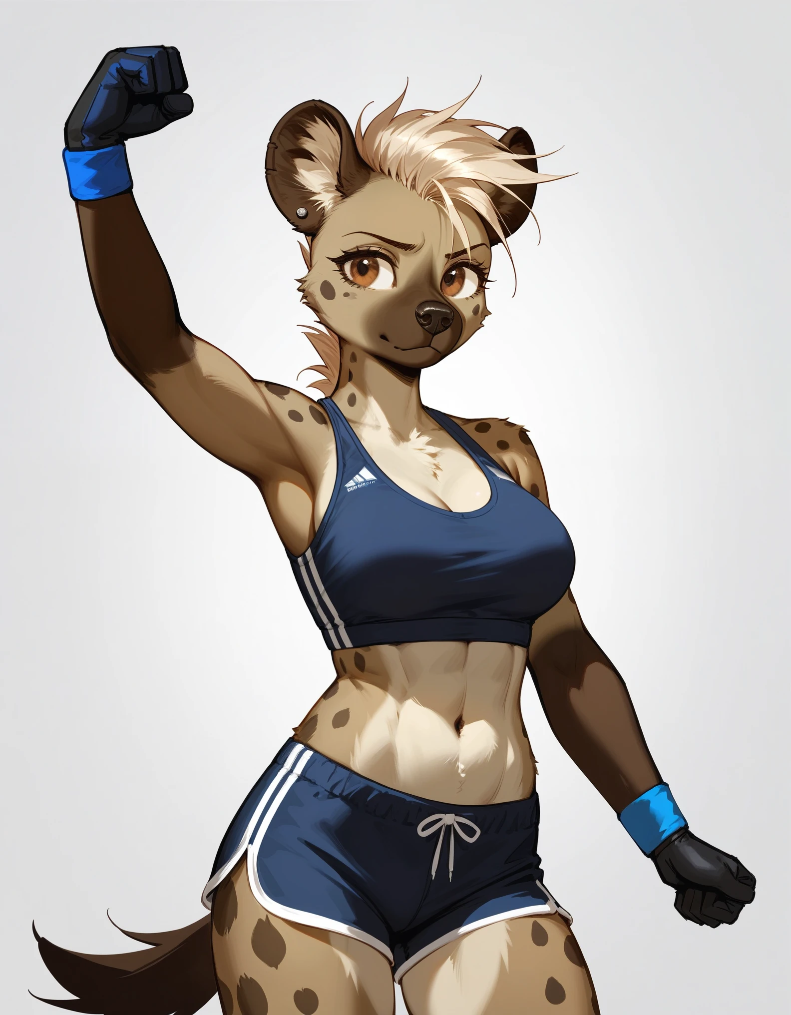 Solo, score_9,score_8_up,score_7_up, source_furry, a tall female spotted hyena, brown snout, black nose, brown eyes, short spiked undercut platinum blonde hair, brown hyena ears, wearing black athletic top, black short shorts, wearing ufc black gloves, grabbing her wrist, standing, in a gym, simple background, stretching her arm, arm stretch pose