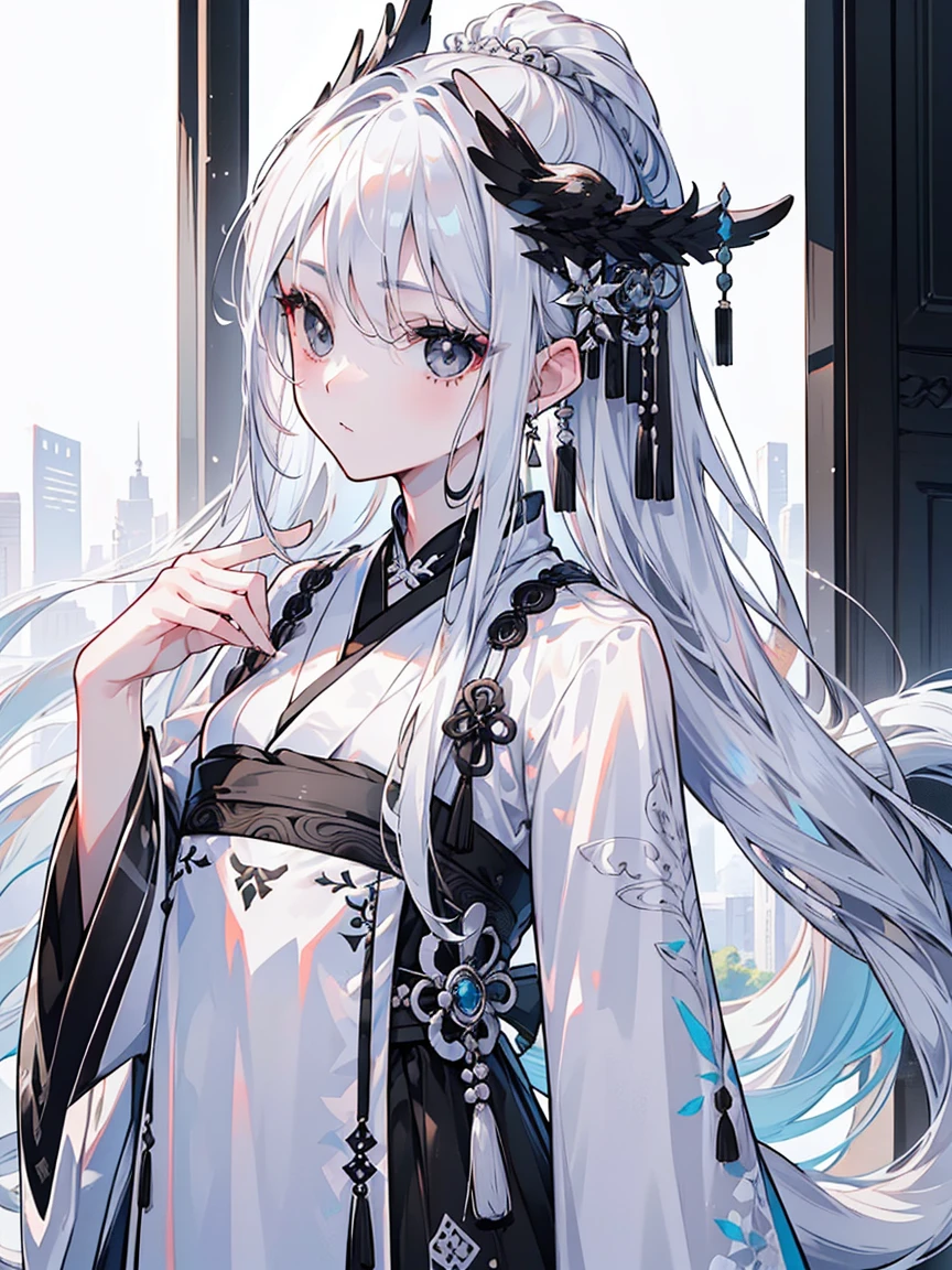 (Top image quality)、(Ultra Detailed)、(Facing forward)、top quality、masterpiece、(((1 girl)))、Silver Hair、white hair、((Long hair))、(black eyes:1.6)、(Hanfu)