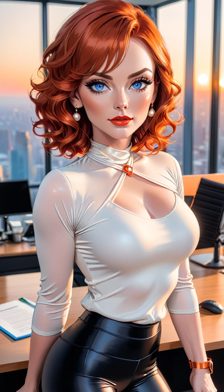 Beautiful woman with short wavy red hair with blue eyes wearing a Black Gym Tight Leggings, an Orange Sexy Criss Cross Mock Neck Mid Sleeves Blouse, luxurious jewelry, 18k gold wedding ring on left hand, standing in an office room at sunset wearing a luxurious pearl necklace (light red lipstick),(elegant mascara),(muscular body with abs),(mid breasts) midjourney, <lora:GoodHands-, <lora:GoodLegs-, UHD, high resolution, (masterpiece:1.1, best quality), (expressive eyes, perfect face, full body, expressive face, perfect body, athletic, fit, slim body, blushing, Perfect makeup, eyeliner, beautiful eyelashes, smiling, horny face), ((best illumination, best shadows))