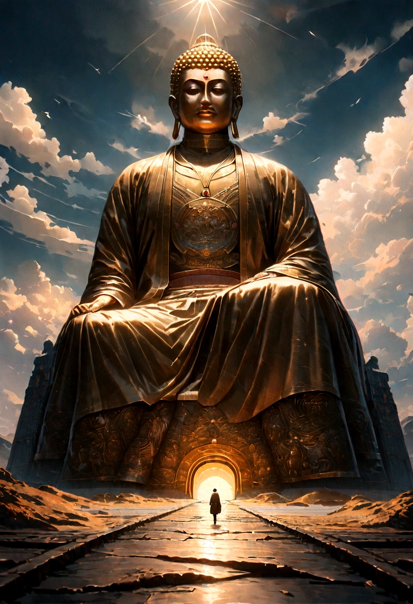 Giant golden Buddha plunges into the clouds,Pilgrims' Path,A light smile,Chinese style,In the distance, Surrealism, Stereogram, tachi-e, Atmospheric perspective, Hyper Photorealism, Cinema Lighting, Divine Light, Super detailed, Accurate, Highest quality, masterpiece, 16K, Attention to detail, High resolution, Awards, Super detailed, Anatomically correct