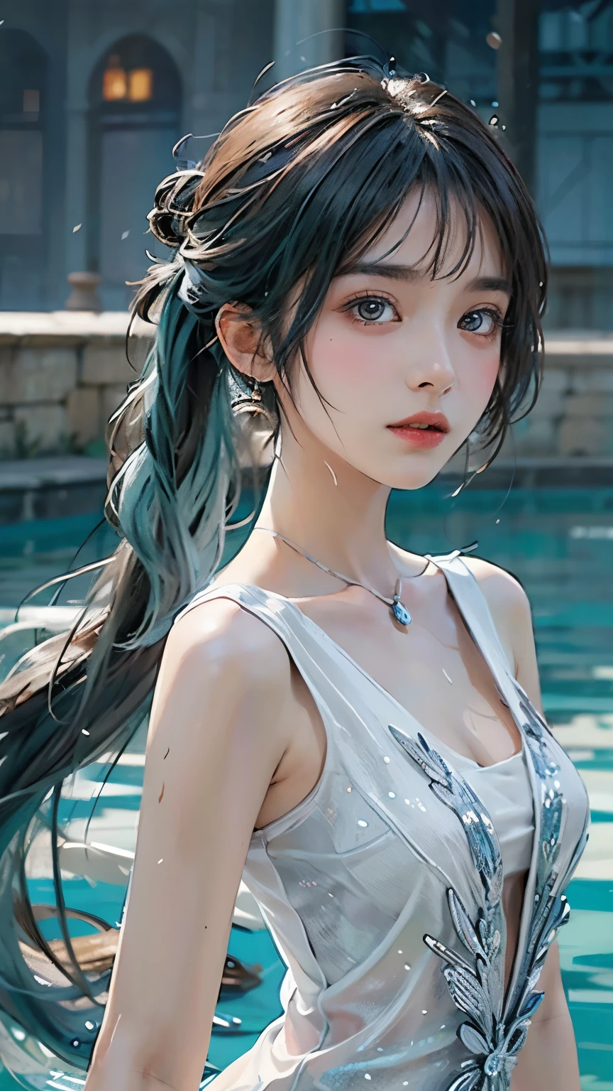 Masterpiece, best quality, super detailed, viewer's perspective, see-through clothing, wet, colorful splashes, colorful bubbles, sparkles, messy hair, single girl, stylish clothes, standing, fashion model, viewer, simple background, beautiful and lovely eyes, delicate and beautiful face, floating high saturation, twin tails, light blue hair, bangs, floating flowers, floating hair, best lighting, best shadows