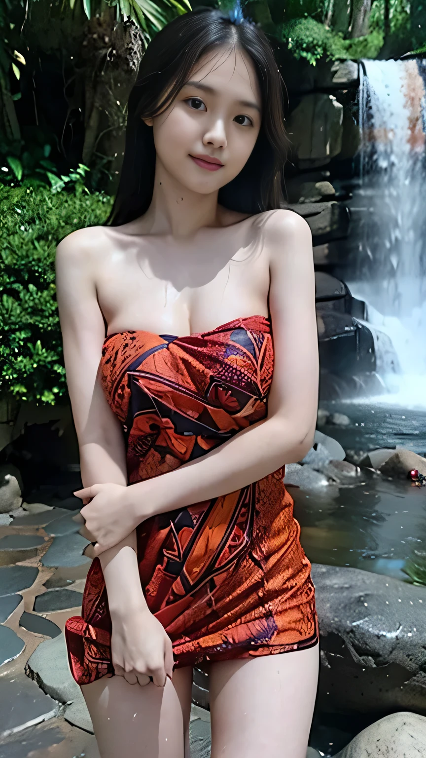 RAW, Best quality, high resolution, masterpiece: 1.3), beautiful Arabian woman, Masterpiece, rain, perfect wet soaked body, wet clothes, (big breasts:1.5), cleavage cutout, open breast, black chignon hair, open stand, realistic, (heavy hairy pubic:1.3), Soft smile, thick thighs, woman standing in the waterfall in a dark red batik patterned kebaya short dress, she is about 20 years old, pale white skin, wearing a sexy red kebaya dress, arms up