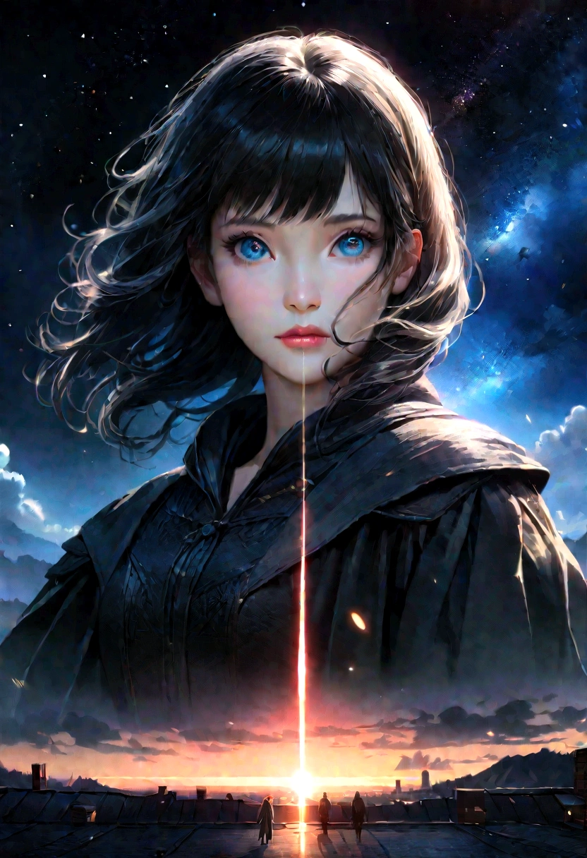 1girl standing on a rooftop gazing at the starry night sky, detailed anime style, beautiful detailed eyes, beautiful detailed lips, extremely detailed face and features, long eyelashes, anime art, 4k, 8k, ultra detailed, realistic, photorealistic, highly detailed, masterpiece, vibrant colors, cinematic lighting, dramatic lighting, night sky, stars, shooting stars, dramatic mood, beautiful scenery, serene atmosphere, peaceful, Makoto Shinkai, Cyril Rolland, manga style