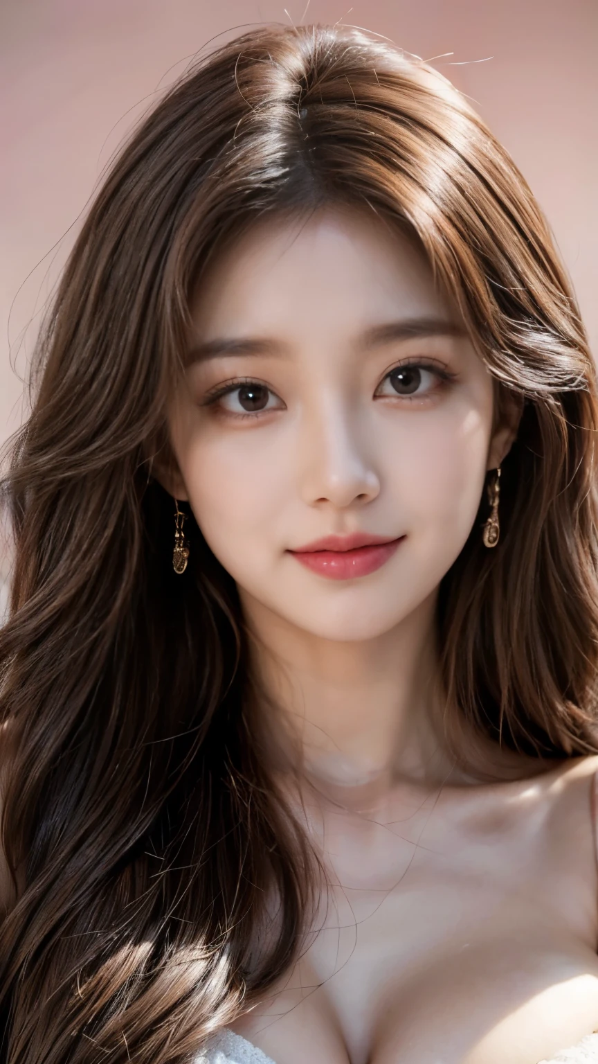 best quality,8k, Detailed facial depictions, Detailed eye description, seducing expression, mouth open, cute face, Brown hair(long wavyhair),beautiful korean girl, 21 years old, High fashioned dress, bare-breasted, slim body, medium chest size, posing for camera, Smiling face, Colorful earrings,