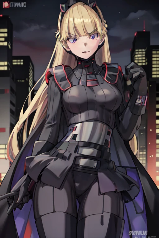 AmSW,long hair,blonde hair,black gloves,purple eyes,black hairband,cape,black bodysuit,medium breasts,braid,blunt bangs, city, park