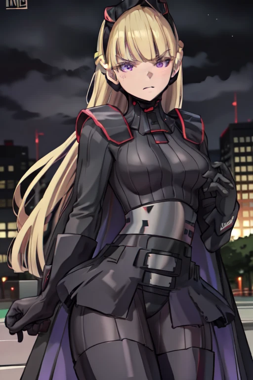 AmSW,long hair,blonde hair,black gloves,purple eyes,black hairband,cape,black bodysuit,medium breasts,braid,blunt bangs, city, park