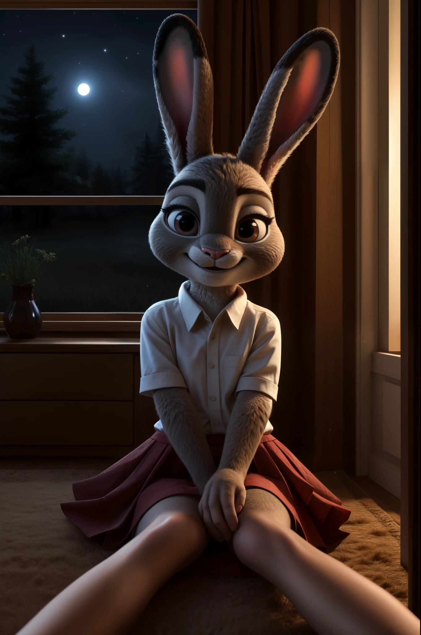 judy hopps, young, POV , human hands, highleg panties , at home, tv on the background, watching tv, , night, forest behind window, skirt , seductive, smile