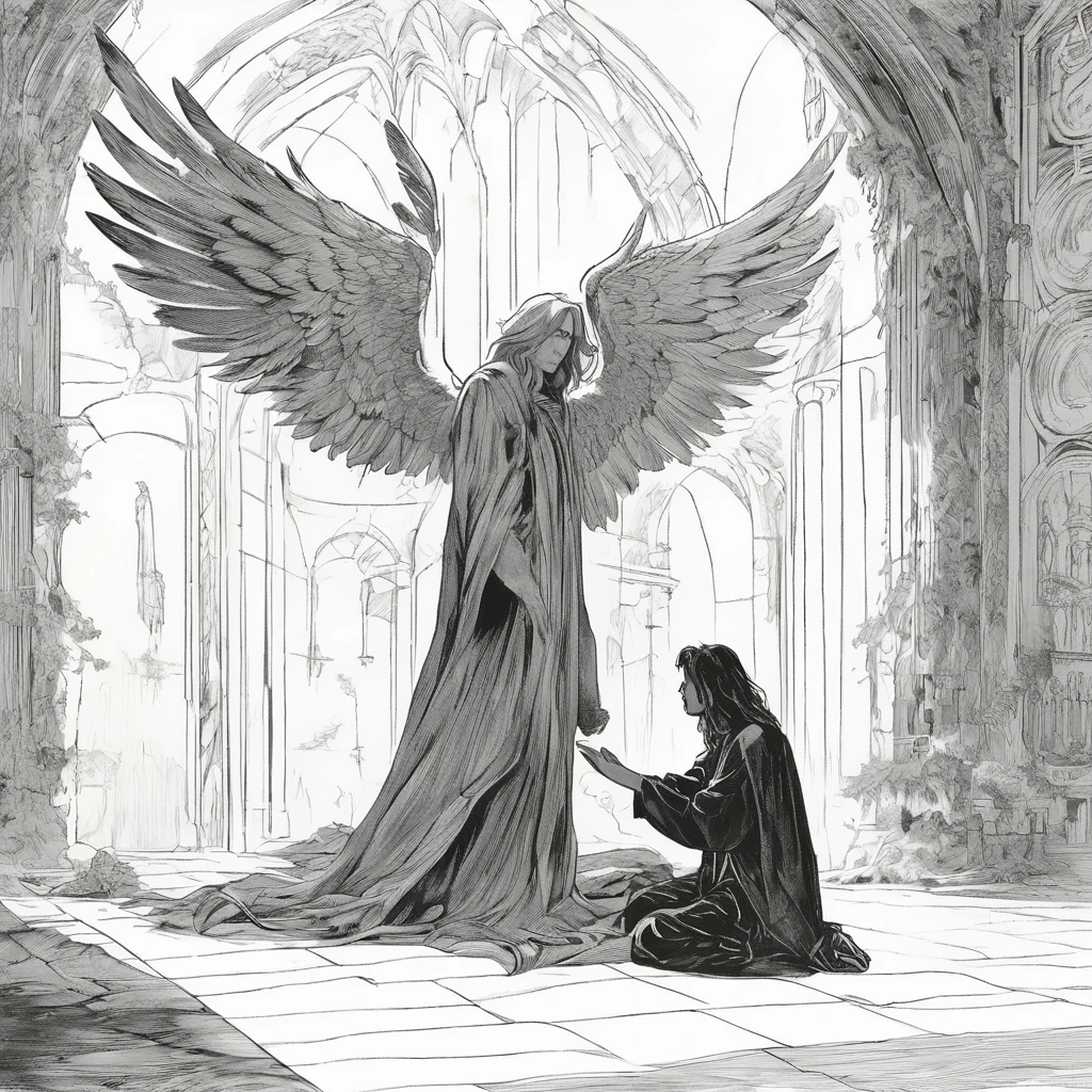 a black and white book illustration of a fallen angel with long hair taunting a young man on his knees