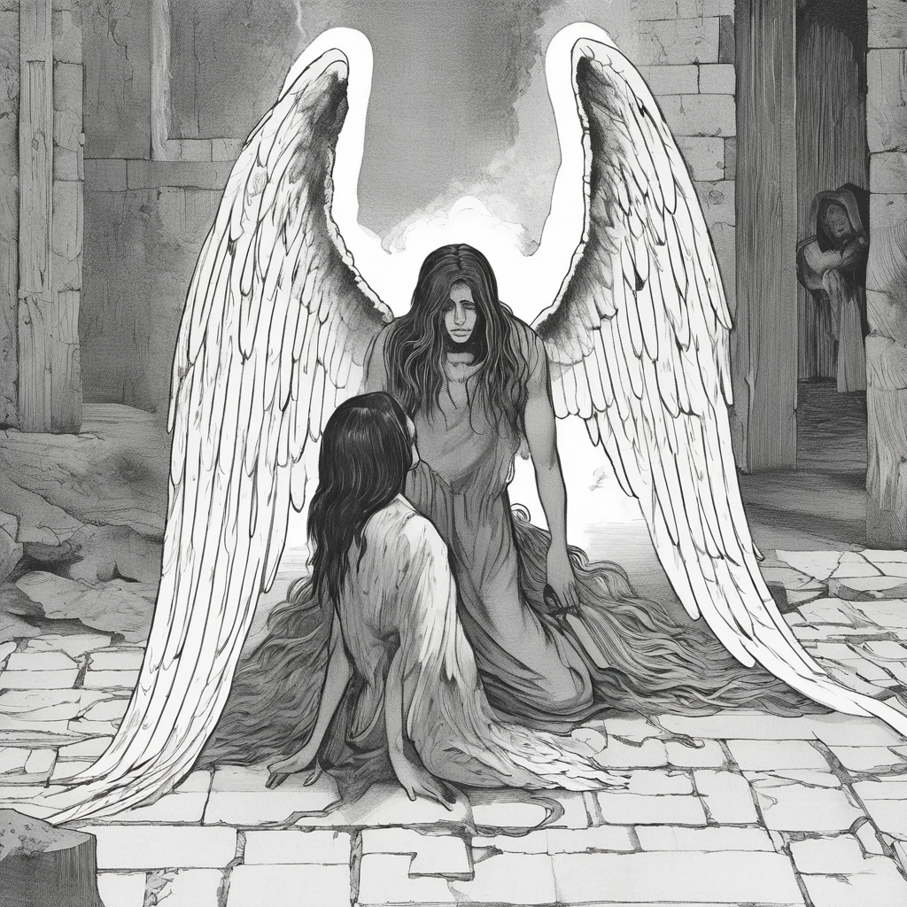 a black and white book illustration of a fallen angel with long hair taunting a young man on his knees