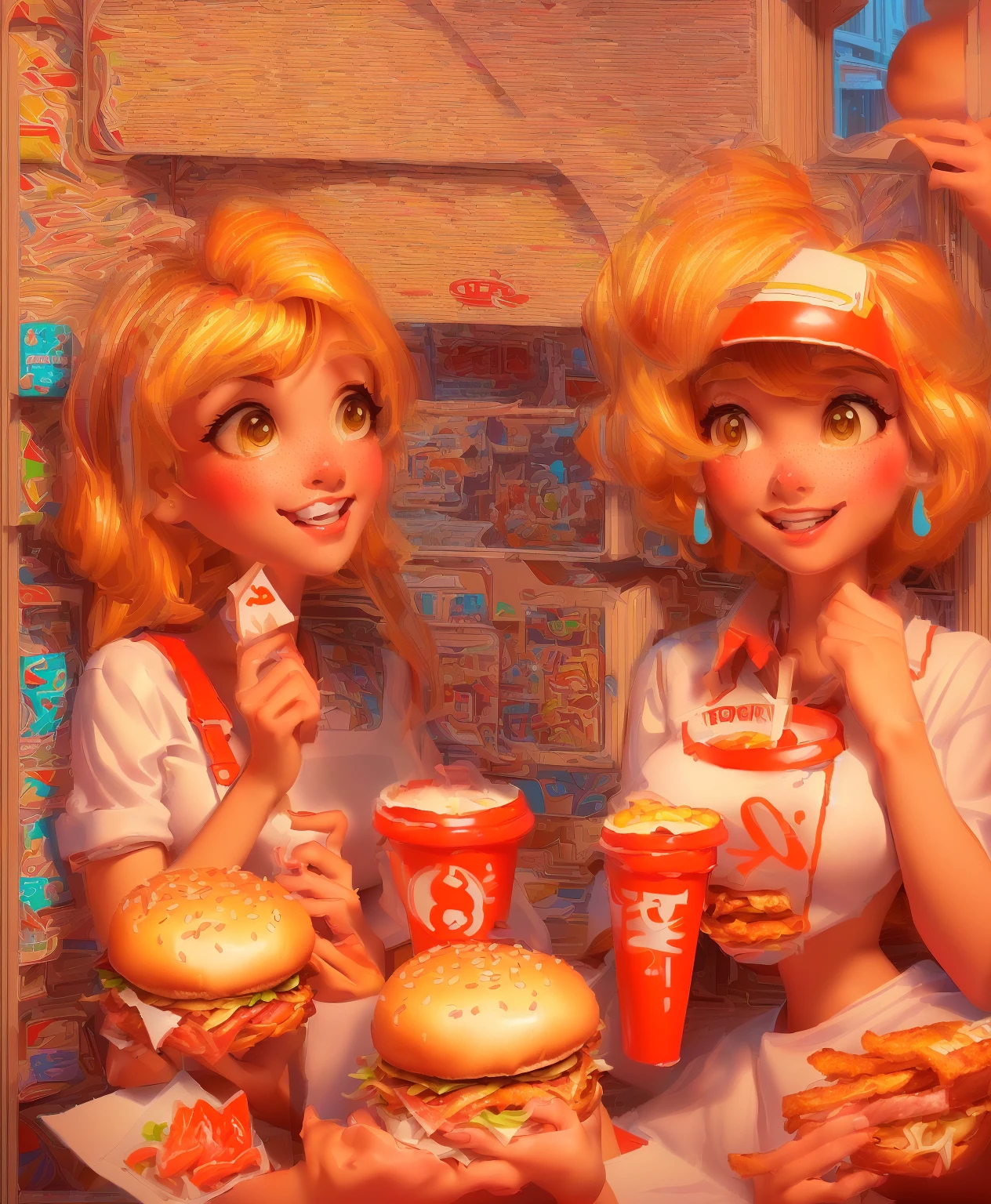 Two women eating fast food in a fast food restaurant, Propaganda Art, Official Artwork, Serving burgers, Royal Fast Food Restaurant, Hamburger Operation, Official Art, Cartoon art style, Detailed game art illustrations, fast food review, Cartoon art style, Business Illustration, Official illustrations, Supply Big Mac, Stylized art, wearingrr restaurant, cartoon style illustration