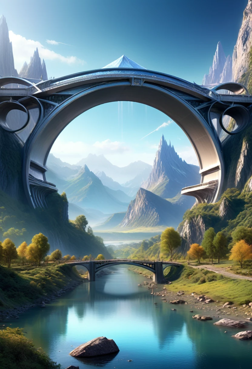 Bridge with mountains and river in the foreground, 3D rendered matte painting, Valley of the Future, Fantasy-inspired matte painting, 3D Rendering and Matte Painting, Ultra-detailed 3D matte painting, Ultra-detailed 3D Matte Painting, Optimistic matte painting, photorealistic matte painting, Matte painting with high detail, 4K Matte Paint, High quality matte painting