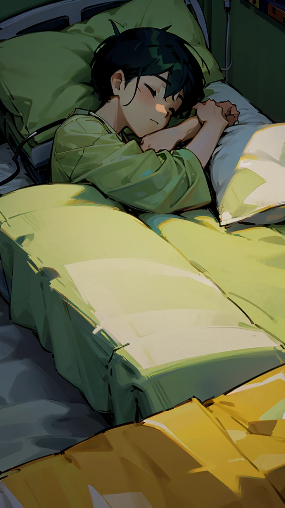 1 boy, lying down, in a coma, sleeping, hospital clothes light green, medical equipment, hospital bed, hospital room, body with blood.