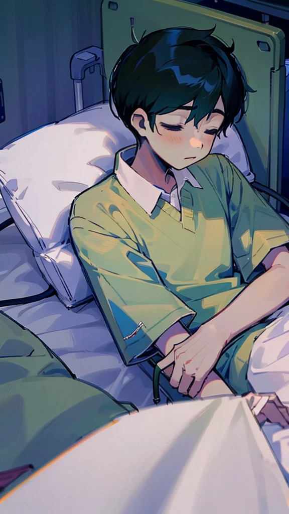 1 boy, lying down, in a coma, sleeping, hospital clothes light green, medical equipment, hospital bed, hospital room, body with blood.