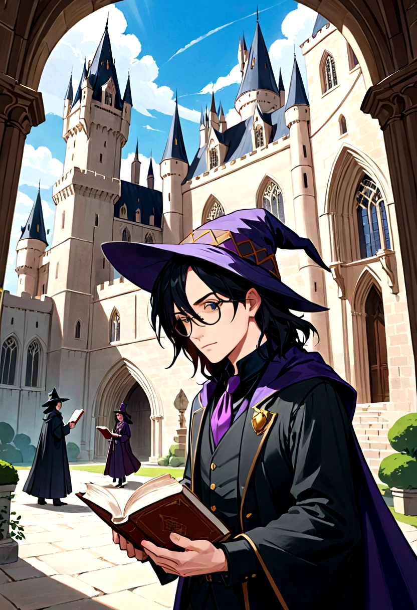 cartoon of a severus snape in a purple hat holding a book, hogwarts witch academia, delicate androgynous prince, beautiful androgynous prince, tome, castle scene manga, inspired by William Mustart Lockhart, caleb from critical role, isekai, l critical role, gregory euclide, casimir art, magalie villeneuve, anor londo, granny weatherwax, librarian
