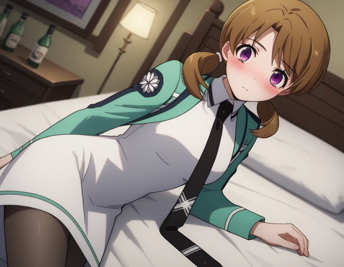 score_9, score_8_up, score_7_up, source_anime,
honokamitsui, honoka mitsui, bangs, brown hair, twintails, purple eyes, low twintails,
long sleeves, dress, , pantyhose, necktie, white dress, black necktie,
indoors, bed, bed room, on side, blush, drunk,
solo, dutch angle, looking at viewer, cowboy shot,