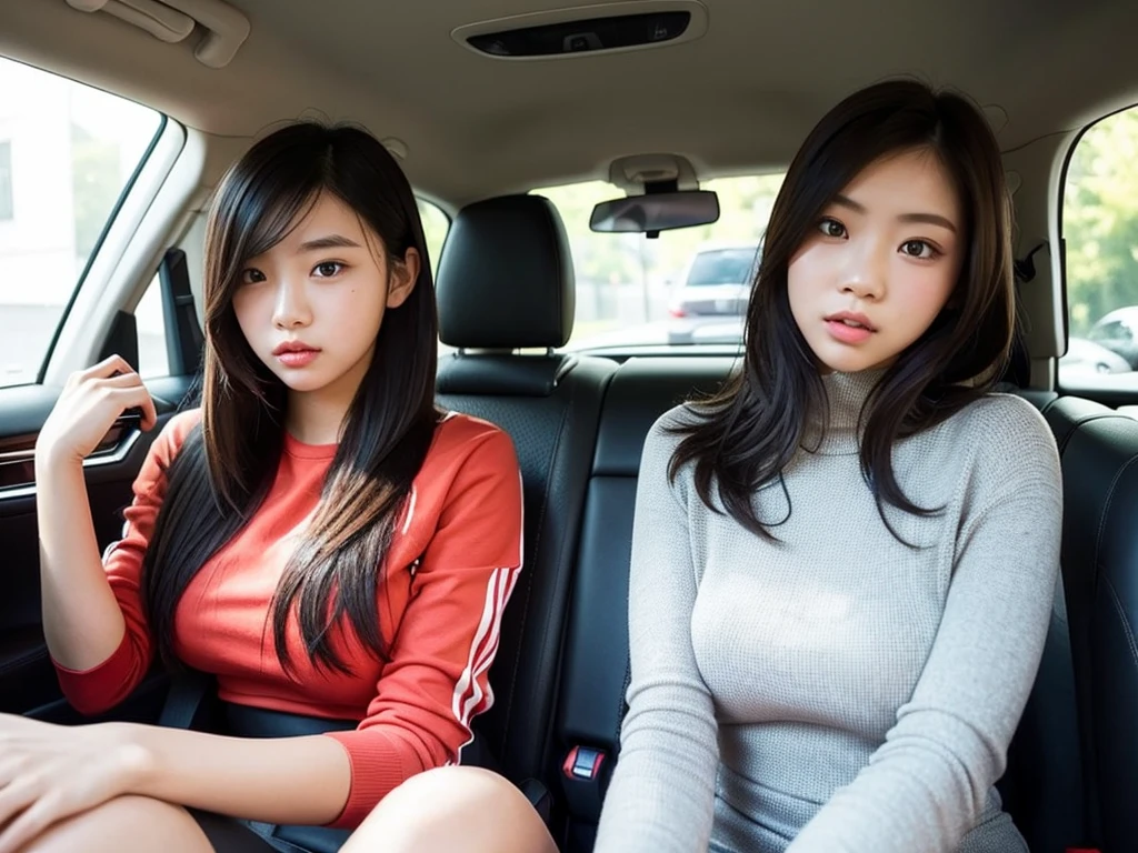 Indonesian girl 19-year-old Hairstyle Casual, F Cup Breasts wearing crewneck dress in car amd driving the car with her friend, they are scared because there are thugs who want to do carjacking and they in car increasingly scared