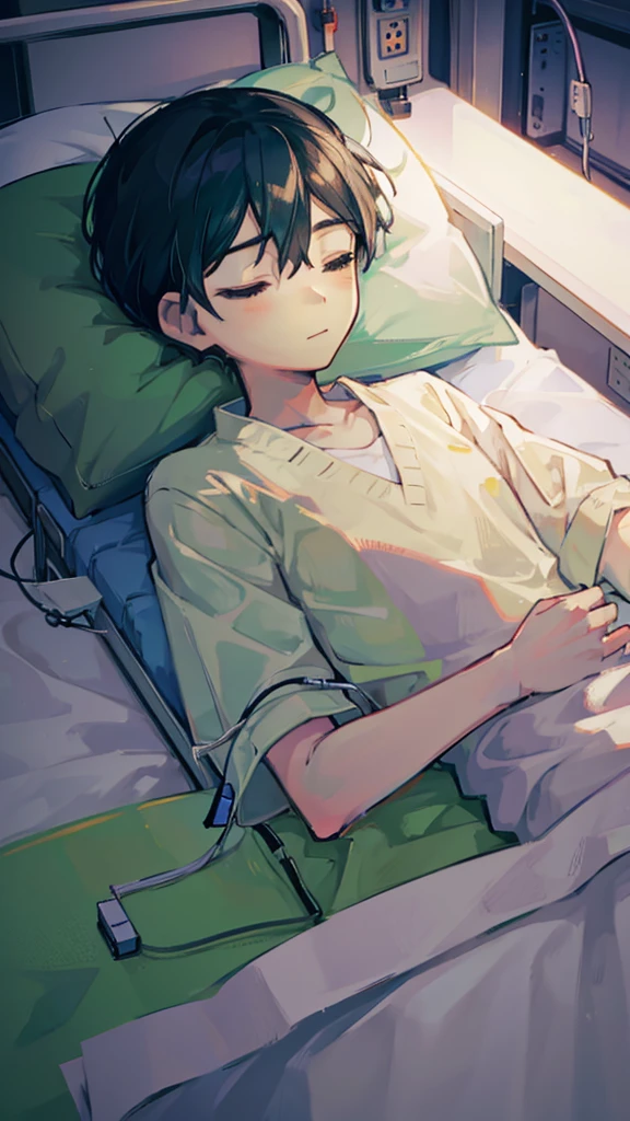 1 boy, lying down, in a coma, sleeping, hospital clothes light green, medical equipment, hospital bed, hospital room, body with blood.