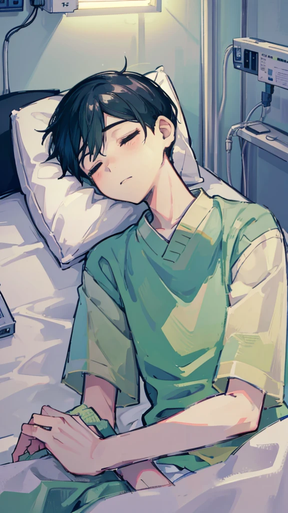 1 boy, lying down, in a coma, sleeping, hospital clothes light green, medical equipment, hospital bed, hospital room, body with blood.