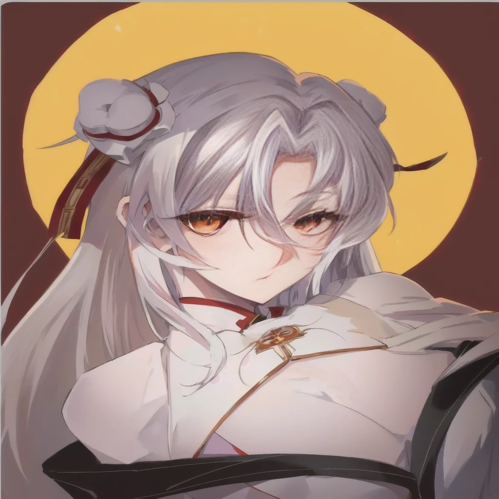 Anime girl with long white hair, White-haired deity,, Anime Goddess, Anime cute art style,Attractive anime girl, Place your right hand on your chest,Look at the camera,Orange in the left eye,White right eye